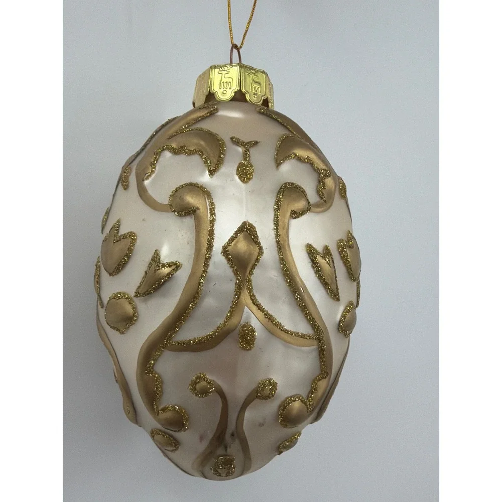 Santa's Best Glass Egg Christmas‎ Ornament Gold Glitter Filigree Pearl White